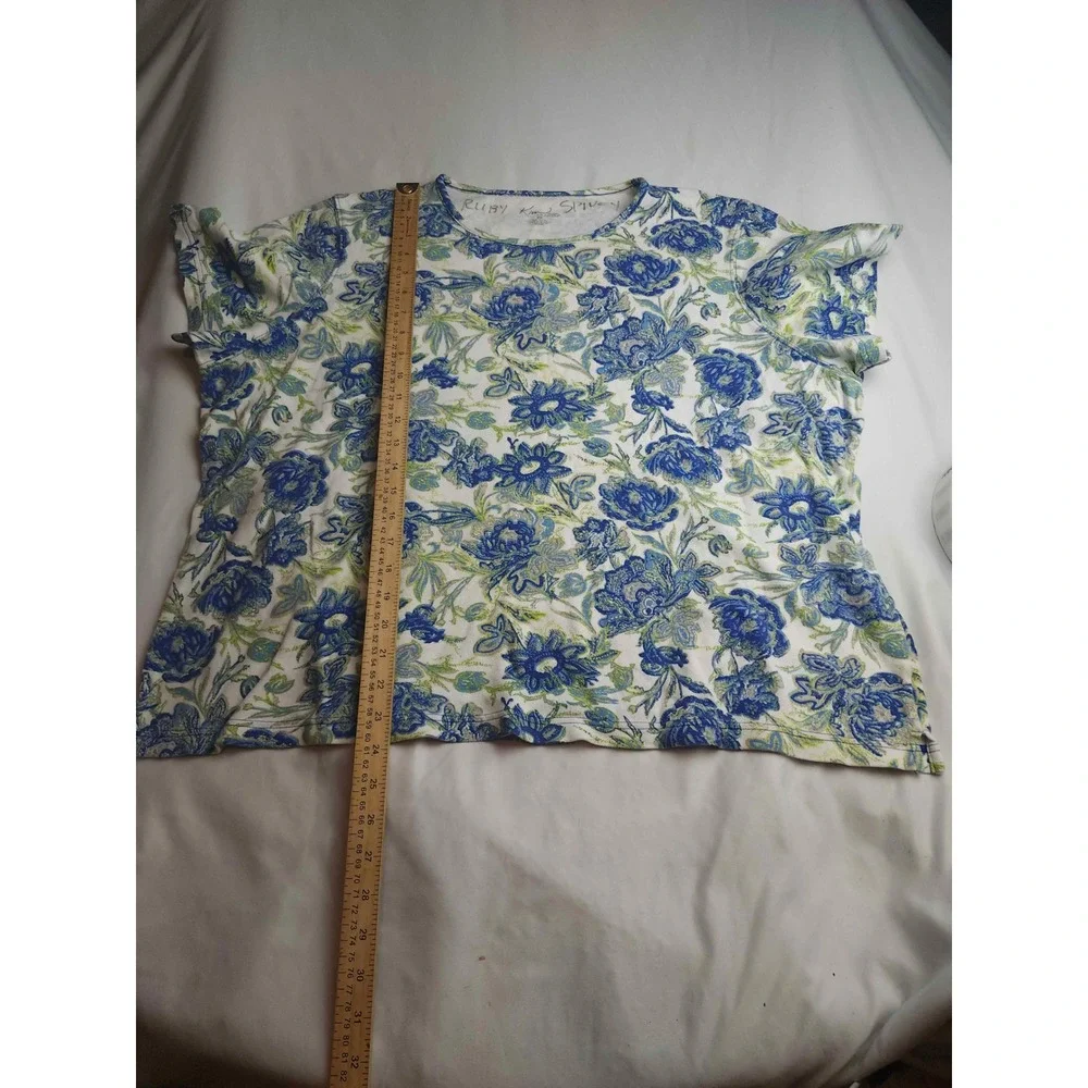 Kim Rogers Woman Blue Green Floral Cotton Short Sleeve Tee Top 2X